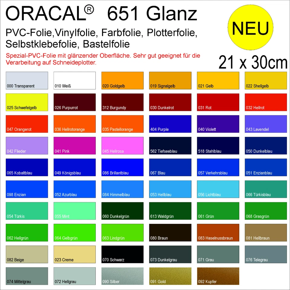 [15,87 €/m²] Oracal 651 glanz 21x30cm A4 Plotterfolie Farbfolie Klebefolie Vinyl