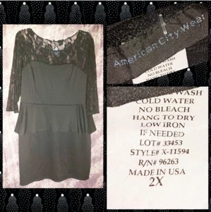 Womans/Jrs Plus American City Wear Blk Illusion Knit Bodycon Peplum Dress 2X NWT - Picture 1 of 5