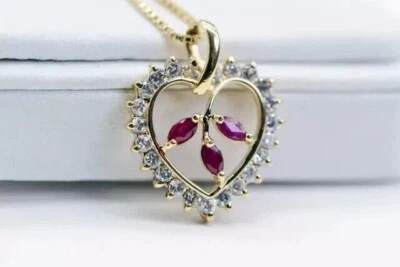 14k Yellow Gold Plated 3Ct Pear Lab Created Ruby Diamond Heart Pendant Necklace - Image 1 of 4