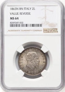 ITALY KINGDOM 1863-N-BN 2 LIRE COIN, CHOICE UNCIRCULATED, NGC CERTIFIED MS64 - Picture 1 of 7