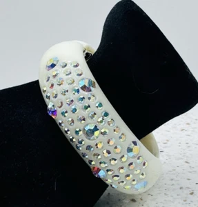 Vintage WEISS BRACELET AB Rhinestone Studded Cream  Lucite Clamper - Picture 1 of 12