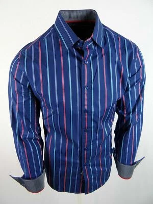 Mens Striped Casual Shirt Navy Blue HOUSE OF LORDS Premium Cotton Slim Fit - Image 1 of 4
