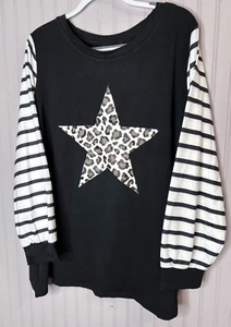 BloomChic Womens TOP 22 24 Black Striped Animal Print Star Casual Fun NEW - Picture 1 of 13