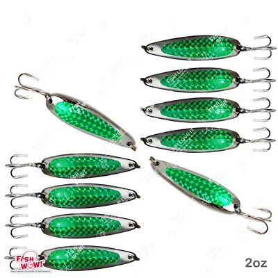 10 cucharas de pesca 2 oz arrastre aleteo gancho agudo plantillas de fundición cinta verde Foto 1 de 4