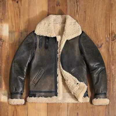 Herren Distressed Schwarz B3 Bomber Lammfell Fell Echt Lammfell Lederjacke Ma... - Bild 1 von 4