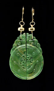 Massive 14K Gold & afrikanische Jade geschnitzter "Drache" Schild (geschnitten) Ohrhänger - Bild 1 von 3