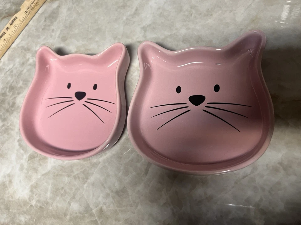 Pink Whisker City Cat Face Ceramic Dishes, Set Of 2 - Image 1 of 4