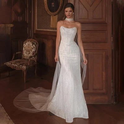 Vestido de novia lentejuelas brillantes capa cuello redondo capilla tren sin mangas personalizado Foto 1 de 4