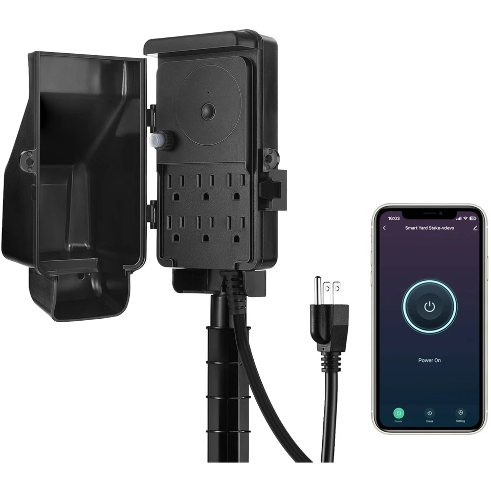 Estaca de alimentación inteligente para exteriores con temporizador, 6 tomas de corriente y control por voz para cualquier clima Foto 1 de 4