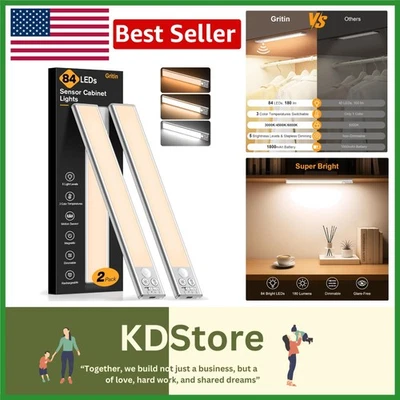 Smart Rechargeable Under Cabinet LED Lights - 84 Bright LEDs, 3 Colors, 5 Bri... - Image 1 of 4