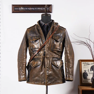 Full-grain Washed Horsehide Men's Safari Genuine Leather Jacket Coats Biker  - Image 1 of 4