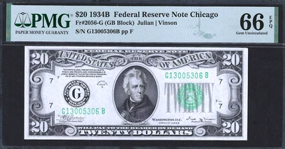 1934-B $20 FEDERAL RESERVE CHICAGO ~ FR-2056G~ SUPER PMG GEM UNCIRCULATED 66 EPQ - Image 1 of 2