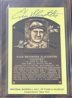 💎Enos Slaughter💎Signed Gold Hall of Fame Plaque Postcard Cardinals (d.2002) - Image 1 of 2