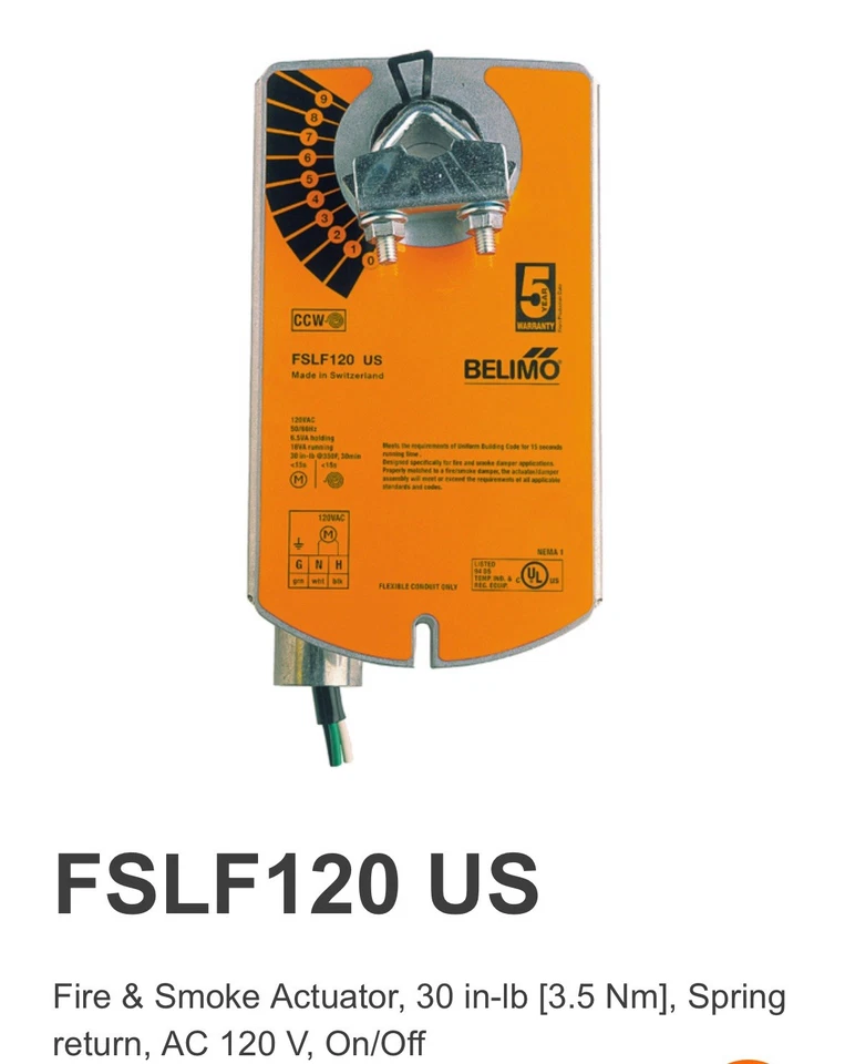 Belimo FSLF120-US Spring Return Actuator, 30 In-lb, 120V, 2-Position