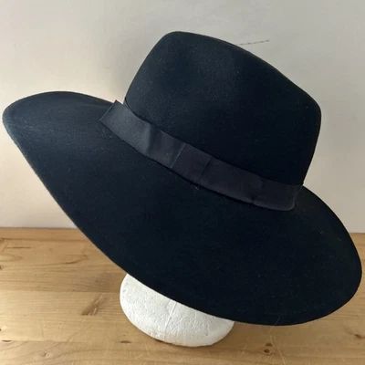 Sombrero Anthropologie Mirando a las Estrellas Negro Lana Fieltro Fedora Western Boho 56 cm Foto 1 de 4