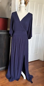 Maxi abito Eloquii taglia 18W blu navy finto avvolgente buco della serratura schiena manica lunga spacco formale - Foto 1 di 8