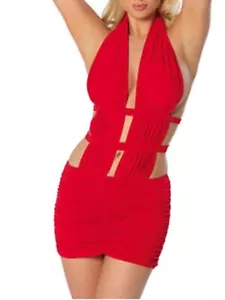 Vestido cegado al cuerpo rojo pegajoso talla UK 10 busto 34" - 37" cuello halter sin espalda ropa de club - Imagen 1 de 2