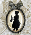 SILHOUETTE Glass Dome BROOCH OR NECKLACE Vintage Girl Doll Victorian Toy Gift