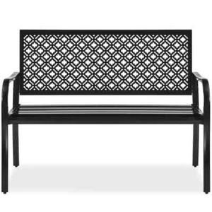2-Person Black Metal Outdoor Geometric Garden Bench - Picture 1 of 7