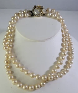 Vintage Signed JAPAN Pearl Knot 2 Strand Necklace Rhinestone Clasp RETRO 8.5mm - Picture 1 of 11