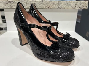 RED VALENTINO Black Patent Leather Bow Tie Mary Jane Glitter Heels Size 38.5 - Picture 1 of 10