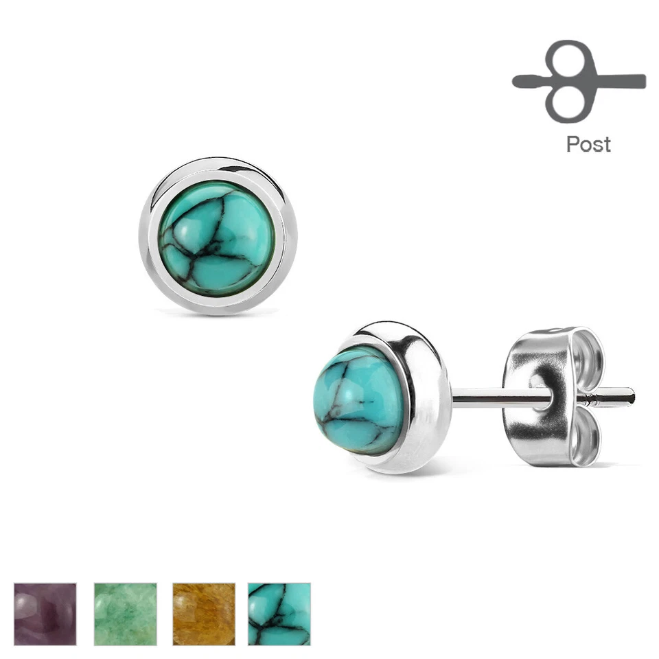  Pair Bezeled Round Semi Precious Stud Silver Stainless Steel Earrings Turquoise - Image 1 of 1