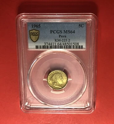 Moneda de 5 centavos 1965-PERÚ-sin circular, clasificada por PCGS MS64. Foto 1 de 4