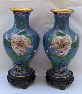 VTG CHINESE CLOISONNE VASES PAIR w/STANDS BLUE GOLD PINK FLOWERS YELLOW BIRD BOX - Picture 1 of 23