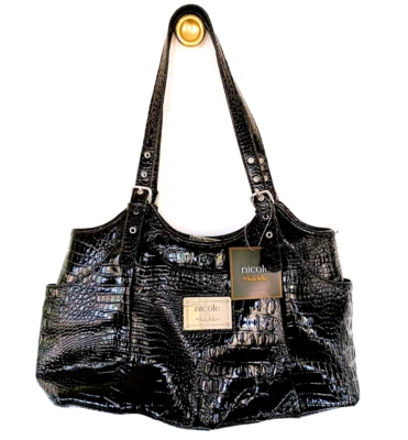 Bolso de hombro Nicole Miller de cuero sintético cocodrilo negro Y2K Kidcore años 90 Foto 1 de 4