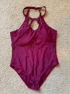 Womens Burgundy High Neck Cut Out One Piece Swimsuit - Large - Picture 1 of 5
