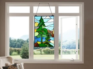 Tiffany Style Landscape Stained Glass Window Panel 20"T Art Glass ONE THIS PRICE - Picture 1 of 5