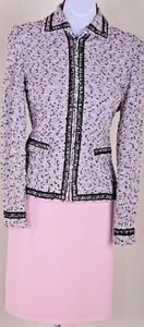 ST.JOHN Women's Knit Tweed Pink Black White Boucle Trim Zip Jacket & Skirt Sz 4 - Picture 1 of 9