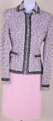 ST.JOHN Women's Knit Tweed Pink Black White Boucle Trim Zip Jacket & Skirt Sz 6 - Image 1 of 4