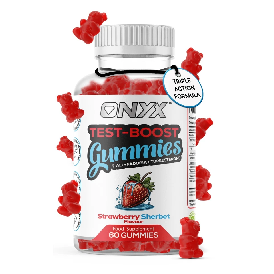 ONYX Test Boost Gummies Triple Formula Action Testosterone Build Muscle Strength Powr