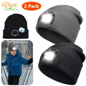 2x LED Lighted Beanie for Kids Winter Warm Knitted Hat Rechargeable Headlamp Cap - Picture 1 of 11