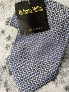 NWT Roberto Villini Men 100% Silk Necktie Geometric Square Blue Gray - Picture 1 of 5