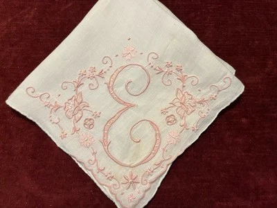 Vintage Monograma Inicial Letra E Madeira Hanky Rosa/Blanco Boda Reliquia Foto 1 de 4