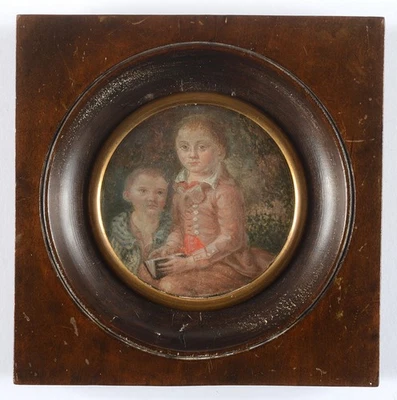 "Portrait of two little siblings", French miniature, early 19th century - Image 1 of 3