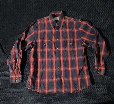 Camisa Ryan Michael Para Hombres L Roja Azul Cuadros Western Pearl Snap Lino Algodón Foto 1 de 4