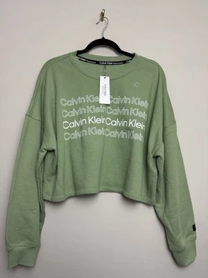 Calvin Klein Women’s Cropped Sweatshirt Large Green Spell Out Logo Crew Neck Top - Image 1 of 4