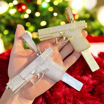 Colgante Iced Out Big Glock para Hombre 5A Circonita Cúbica Chapado en Oro Hip Hop Foto 1 de 4