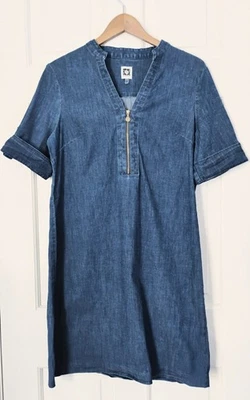 Vestido Anne Klein Talla 10 Cambray Jean Media Cremallera Manga Corta Cómodo Vestido Foto 1 de 4