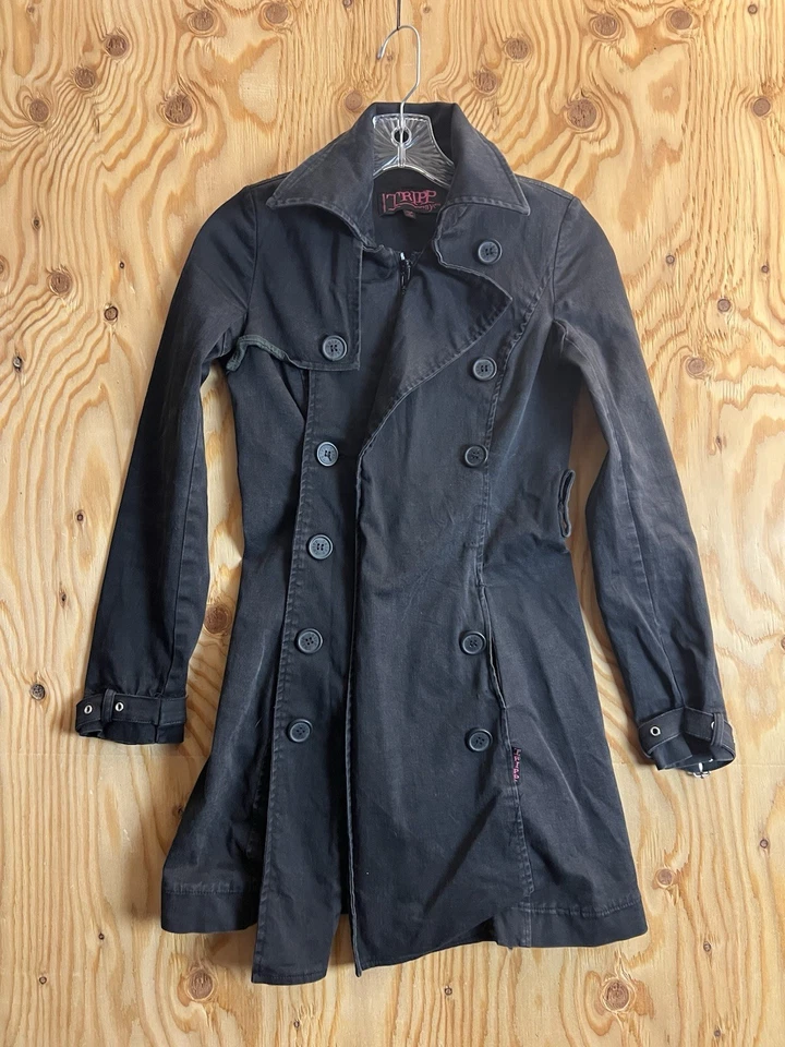 Y2K Tripp NYC Gabardina Corsé Chaqueta Negra Steampunk Gótica Para Mujer XS Abotonada Foto 1 de 4