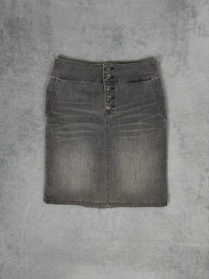 Saia Prana Feminina 4 Cinza Denim Botão Fly Cintura Alta Comprimento Médio Linha A - Imagem 1 de 4