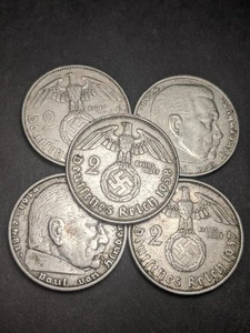 Lote de 5 monedas de plata 2 Reichsmark 1936-1939 del Tercer Reich Paul Von Hindenburg - Imagen 1 de 2