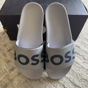 Hugo Boss Logo Print Gray Rubber Slide Sandals AUTHENTIC Size Men’s Size 8 - Picture 1 of 9