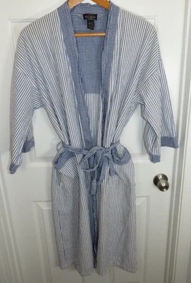 Bill Blass Vintage Mens Seersucker Blue Stripe Bath Robe Lightweight Cotton O/S - Image 1 of 4