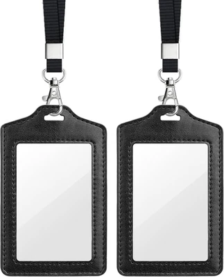 2件装双面透明徽章夹带挂绳,PU皮革ID徽章名称Ca — 第 1/4 张图片