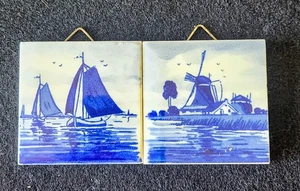 Vintage! Delfts Fliesen 2" x 2" handbemalt Holland Segelboote Windmühle Delft NMC  - Bild 1 von 5