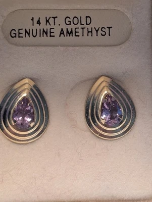 NOVO~OURO AMARELO 14k~**BRINCOS DE AMETISTA EM FORMA DE PÊRA NATURAL**~NA CAIXA - Imagem 1 de 4